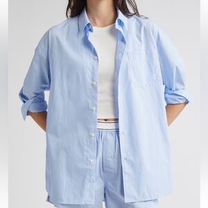 NEW Sporty & Rich SRC Striped Oversized Cotton Poplin Button-Up Shirt